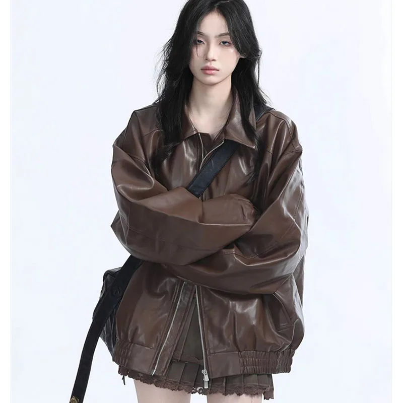 Ladies Solid Color Leather Outwear Spring Autumn Female Long Sleeves Faux Leather Coat Women Fashion Leisure PU Leather Jacket
Ladies Solid Color Leather Outwear Spring Autumn Female Long Sleeves Faux Leather Coat Women Fashion Leisure PU Leather Jacket