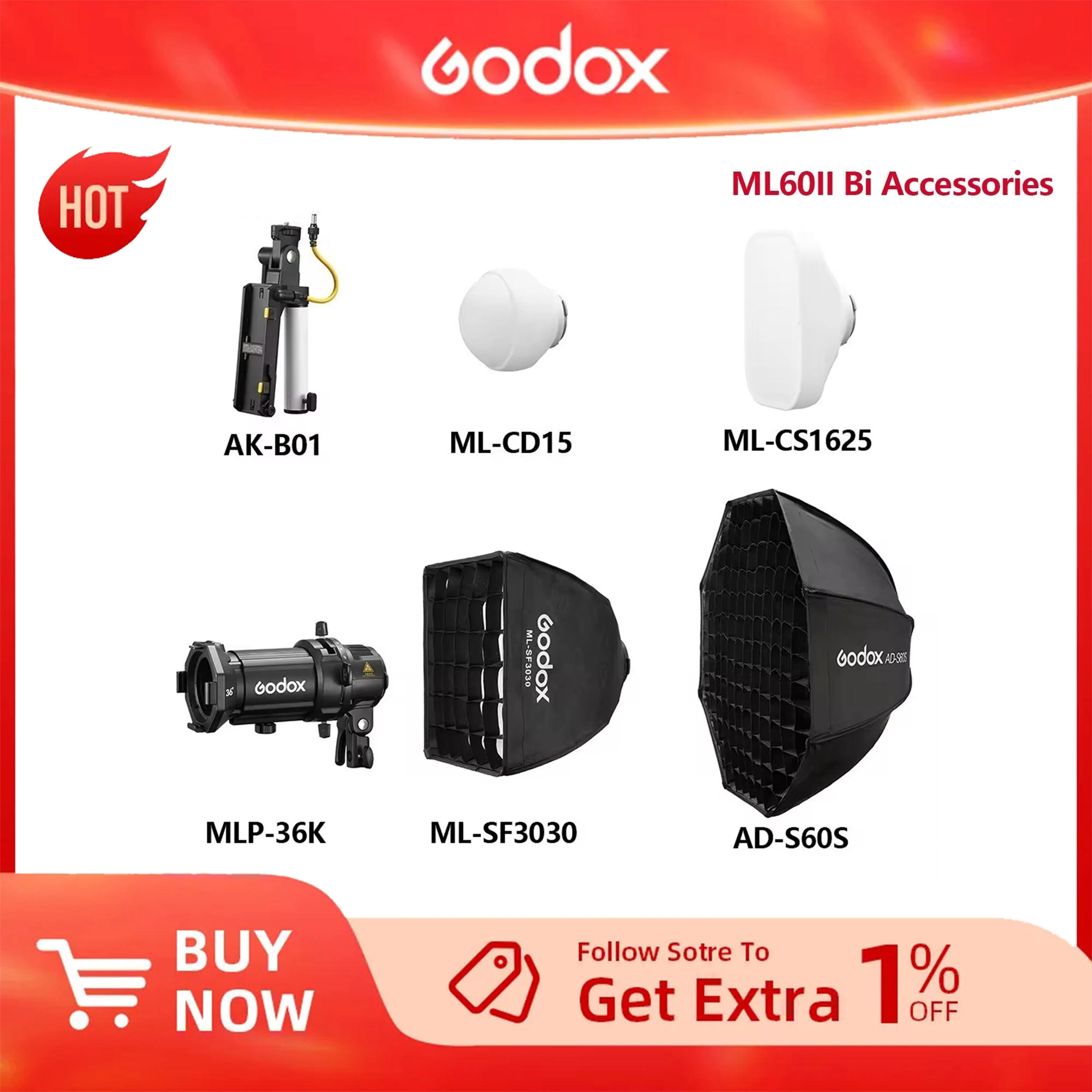 Godox ML60II Bi Accessories AK-B01 AK-B02 Battery Adapter ML-CD15 Diffusion Dome ML-SF3030 AD-S60S Softbox MLP36K Spotlight Lens 
Godox ML60II Bi Accessories AK-B01 AK-B02 Battery Adapter ML-CD15 Diffusion Dome ML-SF3030 AD-S60S Softbox MLP36K Spotlight Lens