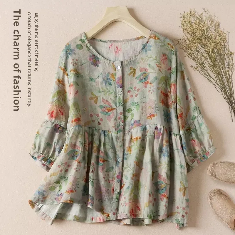 Large Size Women's Retro Print Cotton Linen Half Sleeve Shirt round Neck Ruffle Splice Anti Aging Versatile Doll Shirt Top
Large Size Women's Retro Print Cotton Linen Half Sleeve Shirt round Neck Ruffle Splice Anti Aging Versatile Doll Shirt Top