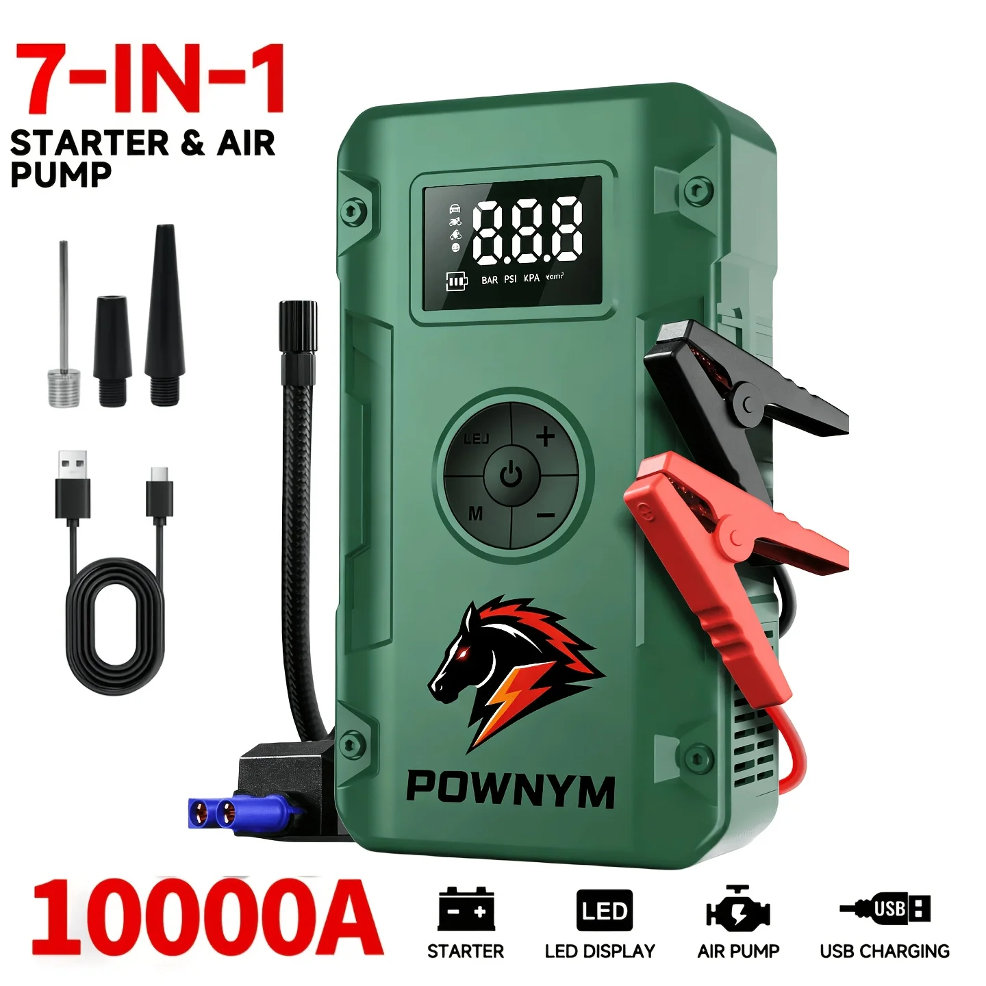 10000A 7-in-1 Portable Car Jump Starter, 12V Car Battery Charger, Optional With 150PSI Air Pump, Jump Starter Accessories And Tools, LED Light, USB Type-C And USB Outputs, Fast Charging, Halloween Gift7777pcs
10000A 7-in-1 Portable Car Jump Starter, 12V Car Battery Charger, Optional With 150PSI Air Pump, Jump Starter Accessories And Tools, LED Light, USB Type-C And USB Outputs, Fast Charging, Halloween Gift7777pcs