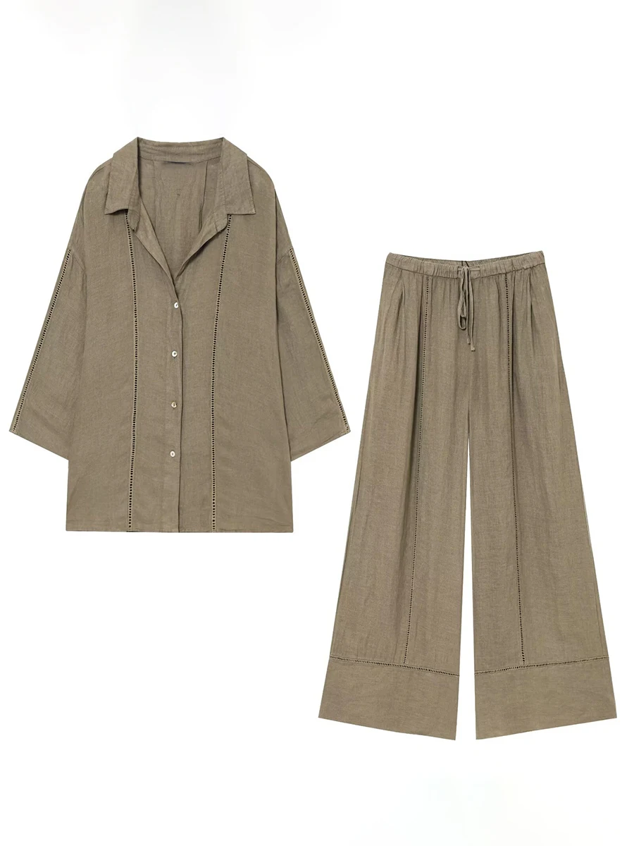 Vintage Solid Wide Leg Pants Sets Women Single Breasted Long Sleeve Blouses Loose Casual Fashion Drawstring Trouser 2 Piece Set
Vintage Solid Wide Leg Pants Sets Women Single Breasted Long Sleeve Blouses Loose Casual Fashion Drawstring Trouser 2 Piece Set