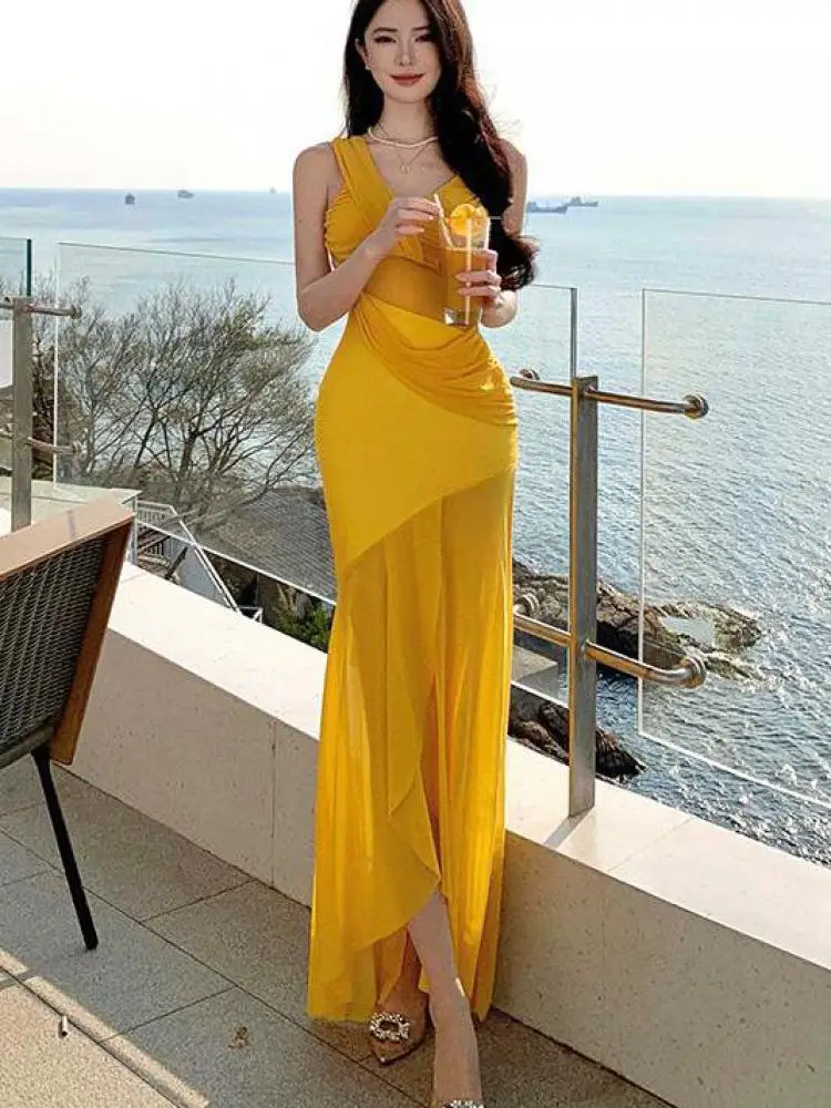 Summer Yellow Patchwork Mesh Sexy Club Sleeveless Backless Party Vest Dress Women Vacation Pleated Wrap Hip Long Dresses Popular
Summer Yellow Patchwork Mesh Sexy Club Sleeveless Backless Party Vest Dress Women Vacation Pleated Wrap Hip Long Dresses Popular