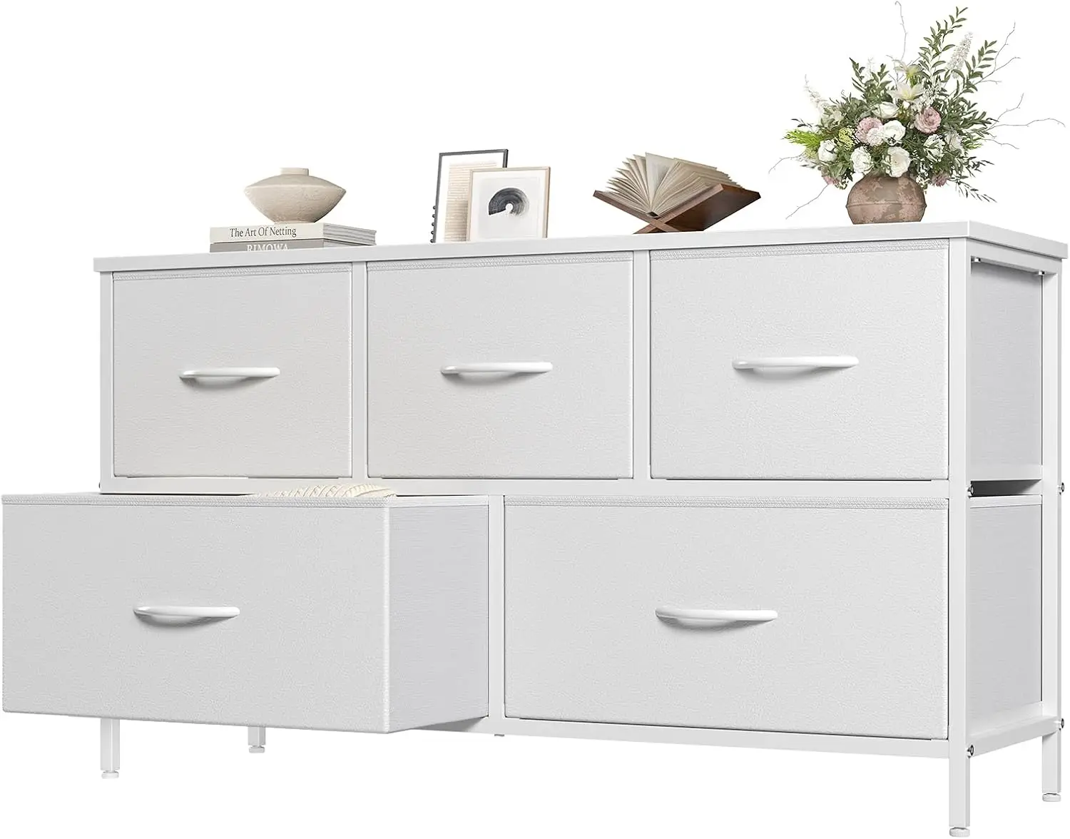 Dresser for Bedroom with 5 Drawers, Wide Chest of Drawers, Fabric Bedroom Dresser with Drawer Organizers, Storage Organizer Unit with Fabric Bins for Closet, Living Room, Hallway,White
Dresser for Bedroom with 5 Drawers, Wide Chest of Drawers, Fabric Bedroom Dresser with Drawer Organizers, Storage Organizer Unit with Fabric Bins for Closet, Living Room, Hallway,White