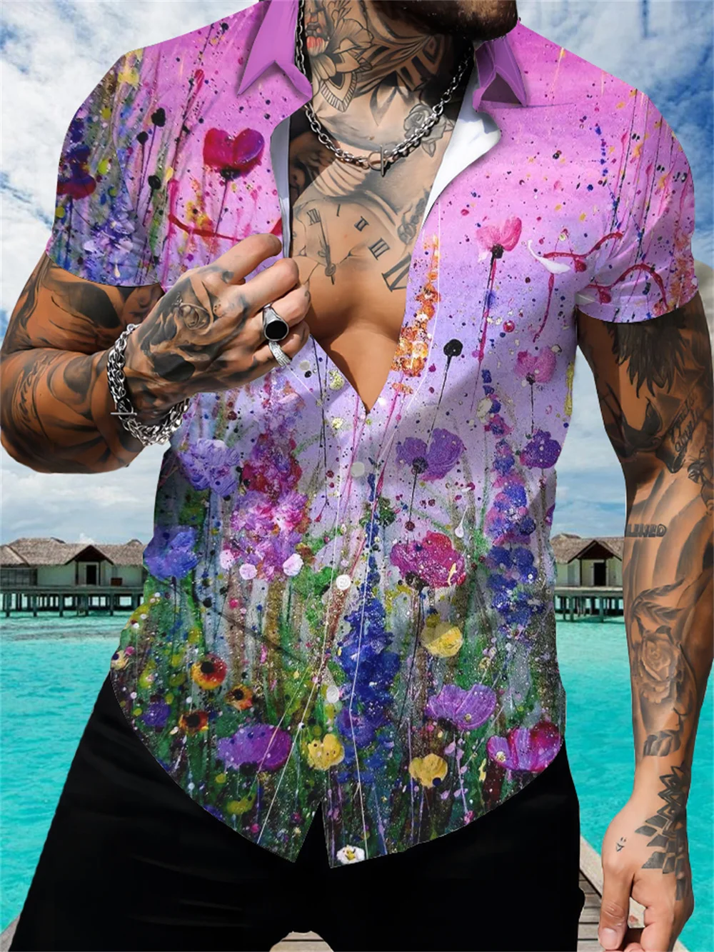 Summer men's shirt casual fashion lapel short-sleeved top 3D printed flower print
Summer men's shirt casual fashion lapel short-sleeved top 3D printed flower print