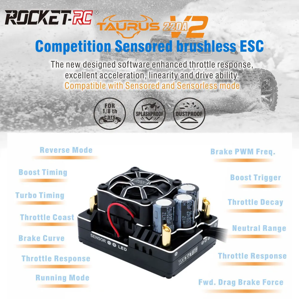 ROCKET-RC TAURUS 220A Бесщеточный регулятор скорости ESC 2-4S Lipo 7,4 В/6 А BEC с радиатором для деталей 1/8 радиоуправляемого автомобиля для внедорожного багги
ROCKET-RC TAURUS 220A Бесщеточный регулятор скорости ESC 2-4S Lipo 7,4 В/6 А BEC с радиатором для деталей 1/8 радиоуправляемого автомобиля для внедорожного багги