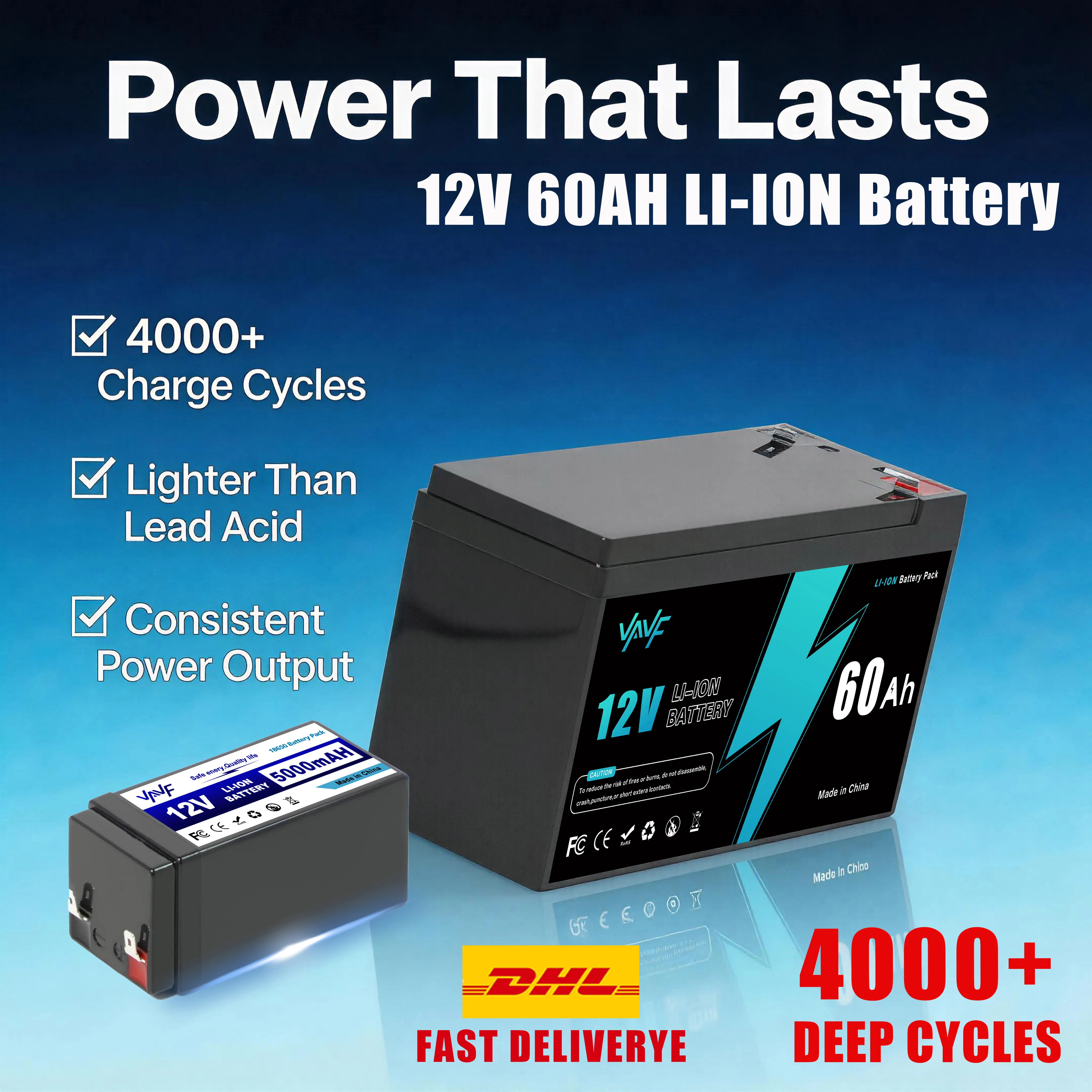12V 60Ah Li-ion Battery Built-in Smart BMS,4000+Cycles, Suitable for Solar Panels,Camper Vans,Marine Crafts,Overlanding
12V 60Ah Li-ion Battery Built-in Smart BMS,4000+Cycles, Suitable for Solar Panels,Camper Vans,Marine Crafts,Overlanding