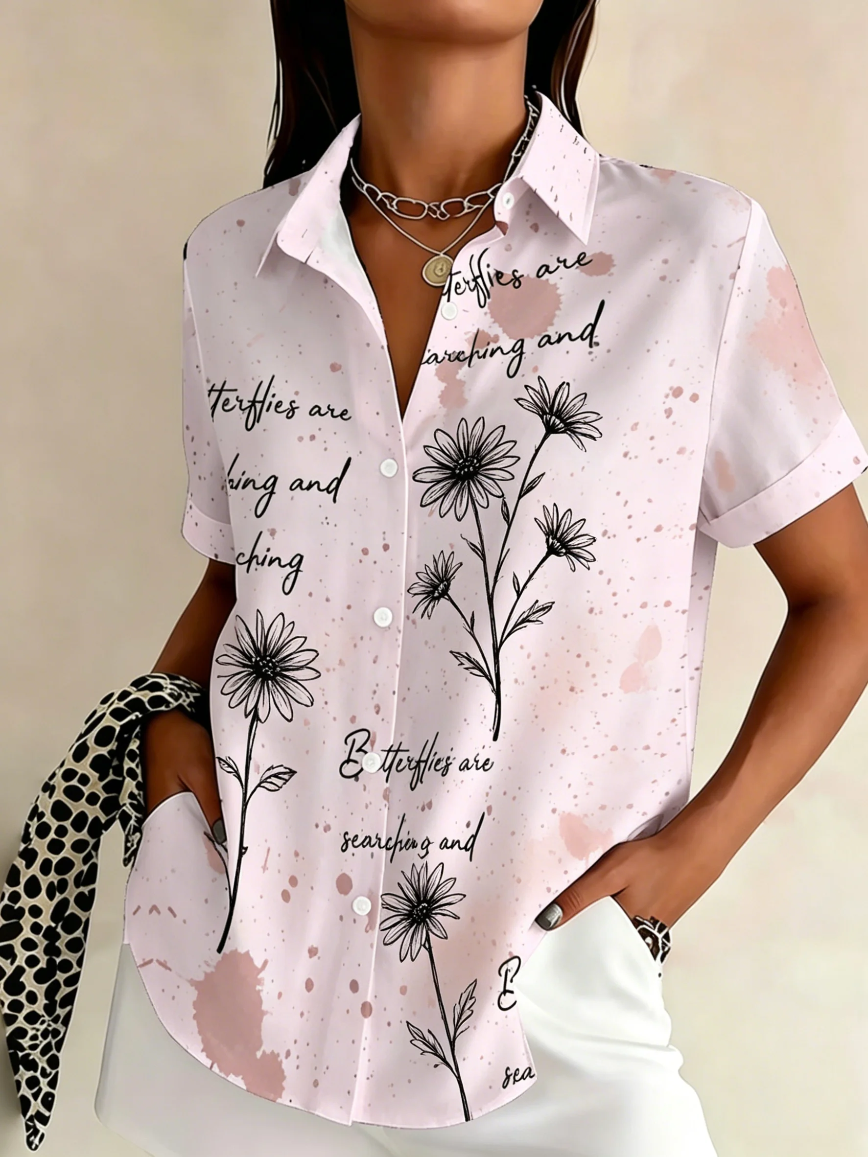 Women's Spring Summer Lapel Shirt, Light Pink Splash Ink Line Daisy Letter Print Casual Tops for Daily Leisure Outfit
Women's Spring Summer Lapel Shirt, Light Pink Splash Ink Line Daisy Letter Print Casual Tops for Daily Leisure Outfit