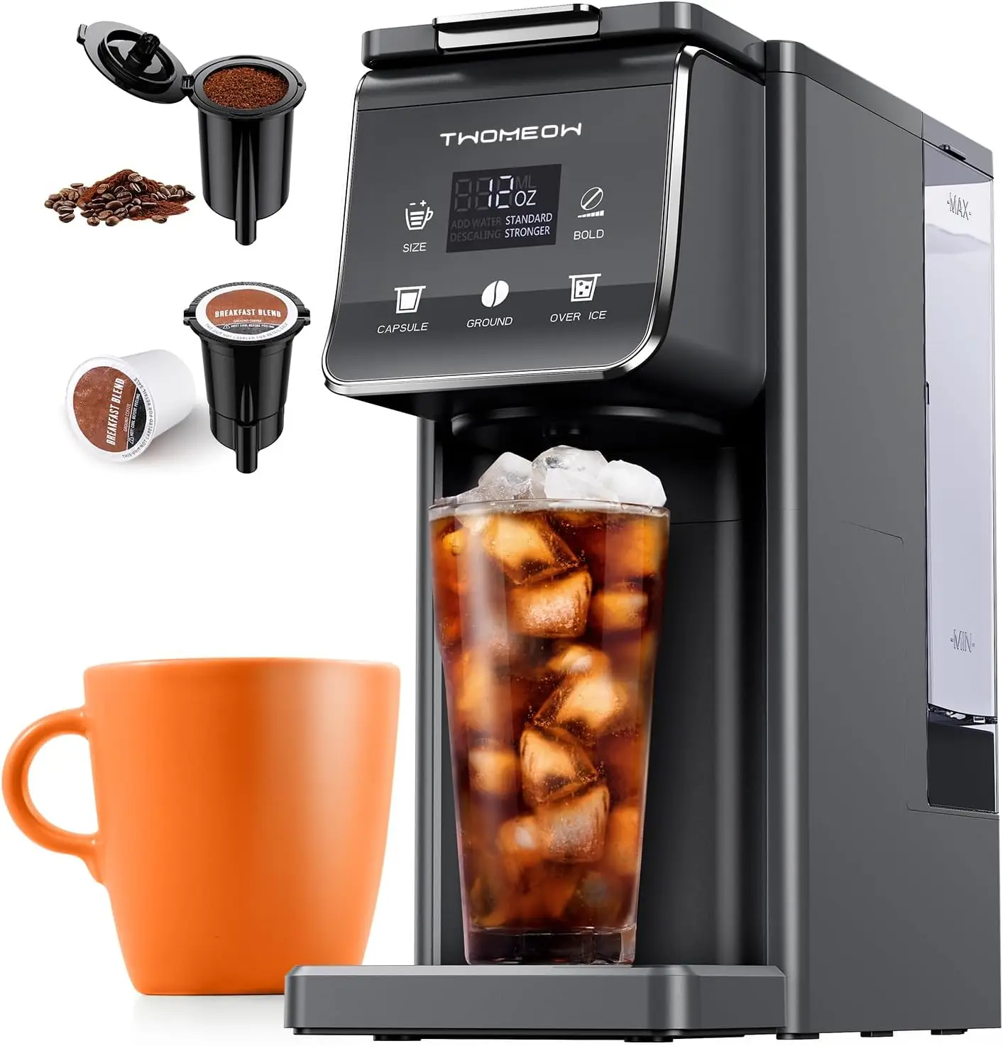Single Serve K-Cup & Grounds Coffee Maker, 52oz Tank, 6-14oz Brew, Iced/Hot, Bold Setting, Gray
Single Serve K-Cup & Grounds Coffee Maker, 52oz Tank, 6-14oz Brew, Iced/Hot, Bold Setting, Gray