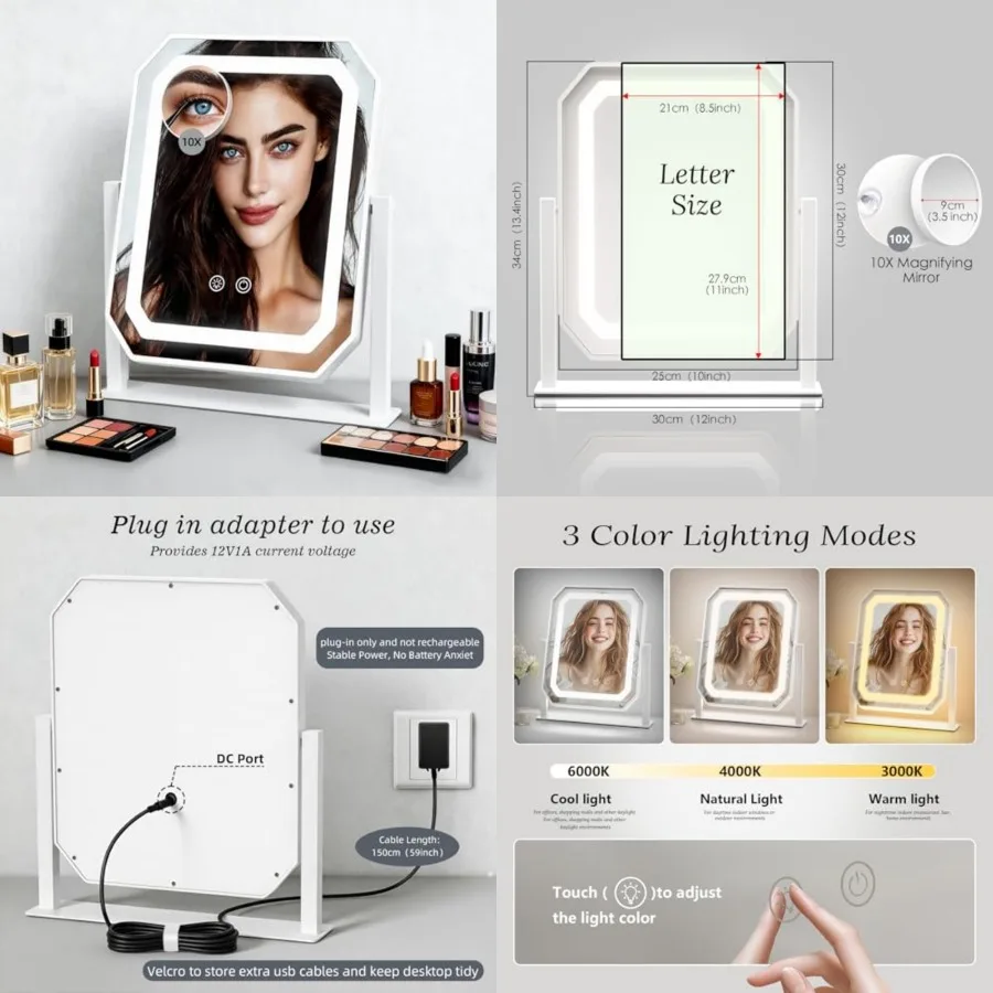 Lighted Makeup Mirror, 3 Colors for Precise Application, Touch Control Brightness Adjustment for Easy Use, with a Detachable 10
Lighted Makeup Mirror, 3 Colors for Precise Application, Touch Control Brightness Adjustment for Easy Use, with a Detachable 10