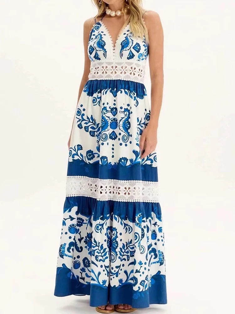 In the summer of 2025, the new V-neck printed lace openwork sexy suspender dress with high waist and fashionable A-line dress.
In the summer of 2025, the new V-neck printed lace openwork sexy suspender dress with high waist and fashionable A-line dress.