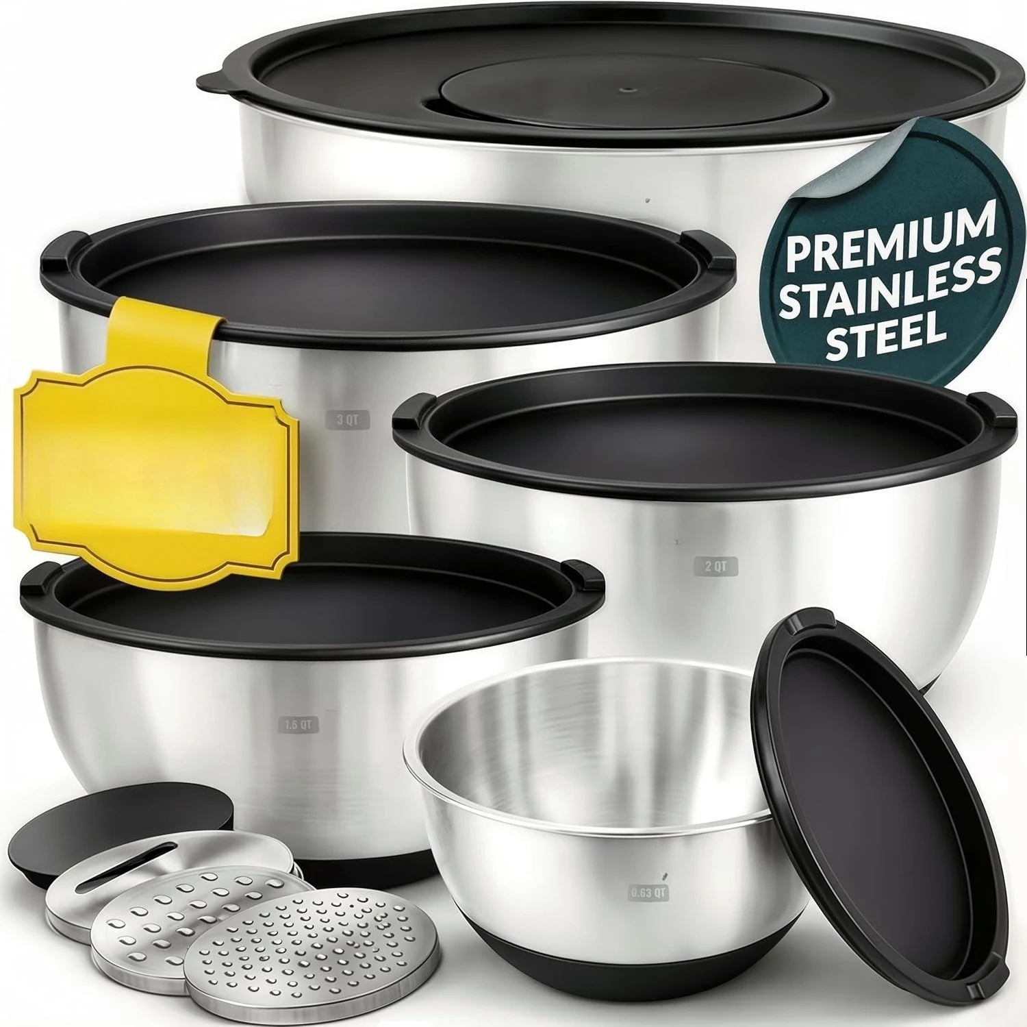 Stainless Steel Mixing Bowls with Lids Set, 5 Sizes, 3 Graters, Non-Slip Base, Airtight Lids, Metal Mixing Bow
Stainless Steel Mixing Bowls with Lids Set, 5 Sizes, 3 Graters, Non-Slip Base, Airtight Lids, Metal Mixing Bow