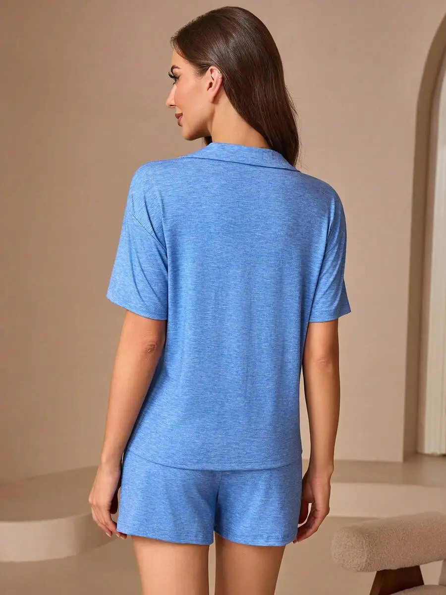 Womens Short Sleeve Pajama Set With Lapel Collar Loose Loungewear Shorts
Womens Short Sleeve Pajama Set With Lapel Collar Loose Loungewear Shorts