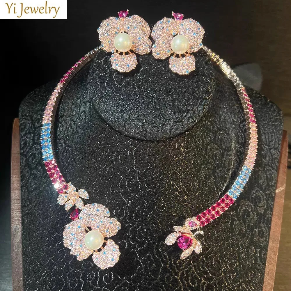 Gorgeous Jewelry Set Flower Necklace Stud Earrings Pink Blue Zirconia Shiny Jewelry Wedding Dinner Party Collar Necklace
Gorgeous Jewelry Set Flower Necklace Stud Earrings Pink Blue Zirconia Shiny Jewelry Wedding Dinner Party Collar Necklace