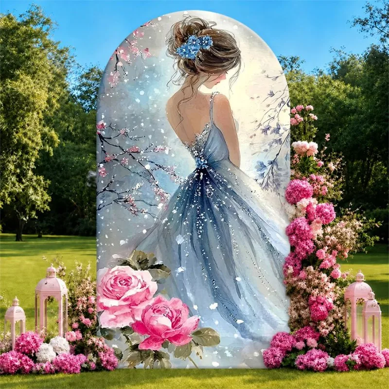 Single Side Arch Backdrop Cover Elegant Blue Gown Woman Arch Backdrop with Pink Roses and Lanterns for Wedding or Bridal Party
Single Side Arch Backdrop Cover Elegant Blue Gown Woman Arch Backdrop with Pink Roses and Lanterns for Wedding or Bridal Party