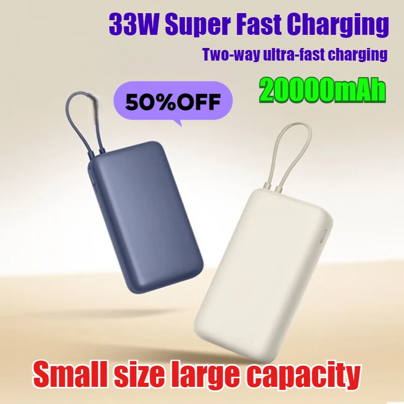 33W 20000mAh Power Bank with Built-in Cables Dual-Way Fast Charging Compact & Ultra-Portable External Battery Pack
33W 20000mAh Power Bank with Built-in Cables Dual-Way Fast Charging Compact & Ultra-Portable External Battery Pack