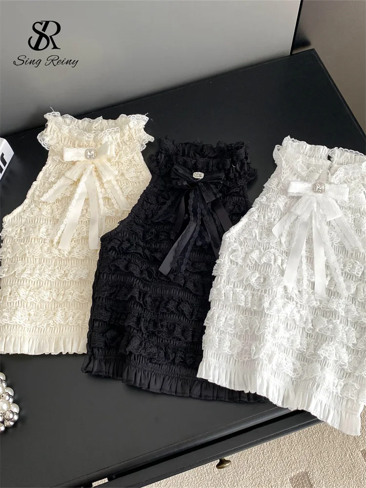 SINGREINY France Gentle Sleeveless Tops Halter Backless Bow Lace Patchwork Skinny Ruffles Blouse Women Summer Sweet Chic Shirt
SINGREINY France Gentle Sleeveless Tops Halter Backless Bow Lace Patchwork Skinny Ruffles Blouse Women Summer Sweet Chic Shirt