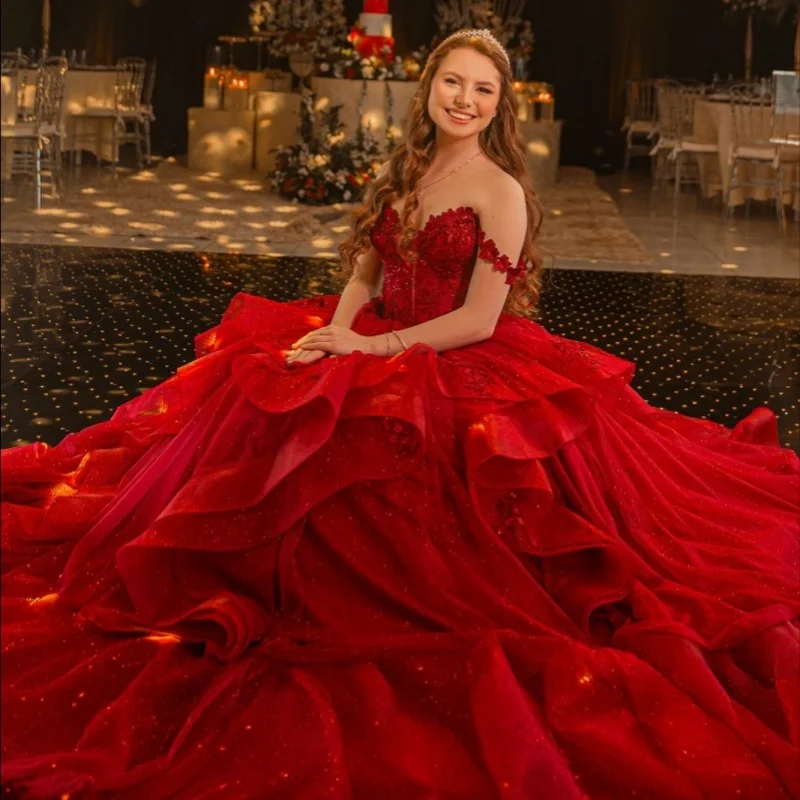 Shiny Red Quinceanera Dress Lace layering off-shoulder crystal flower decal Tull vestidos de 15 Quinceanera Customized
Shiny Red Quinceanera Dress Lace layering off-shoulder crystal flower decal Tull vestidos de 15 Quinceanera Customized