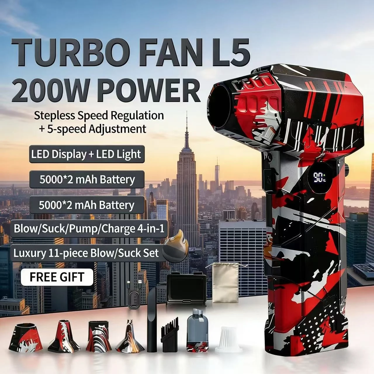 L5 turbine hair dryer, with a rotational speed of 650,000 RPM, wind speed of 75 m/s, brushless motor,chargeable,extensive use.
L5 turbine hair dryer, with a rotational speed of 650,000 RPM, wind speed of 75 m/s, brushless motor,chargeable,extensive use.