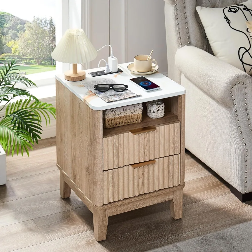 Nightstand with charging station, bedside table with faux marble top, fluted curved wood design, 2 drawers
Nightstand with charging station, bedside table with faux marble top, fluted curved wood design, 2 drawers
