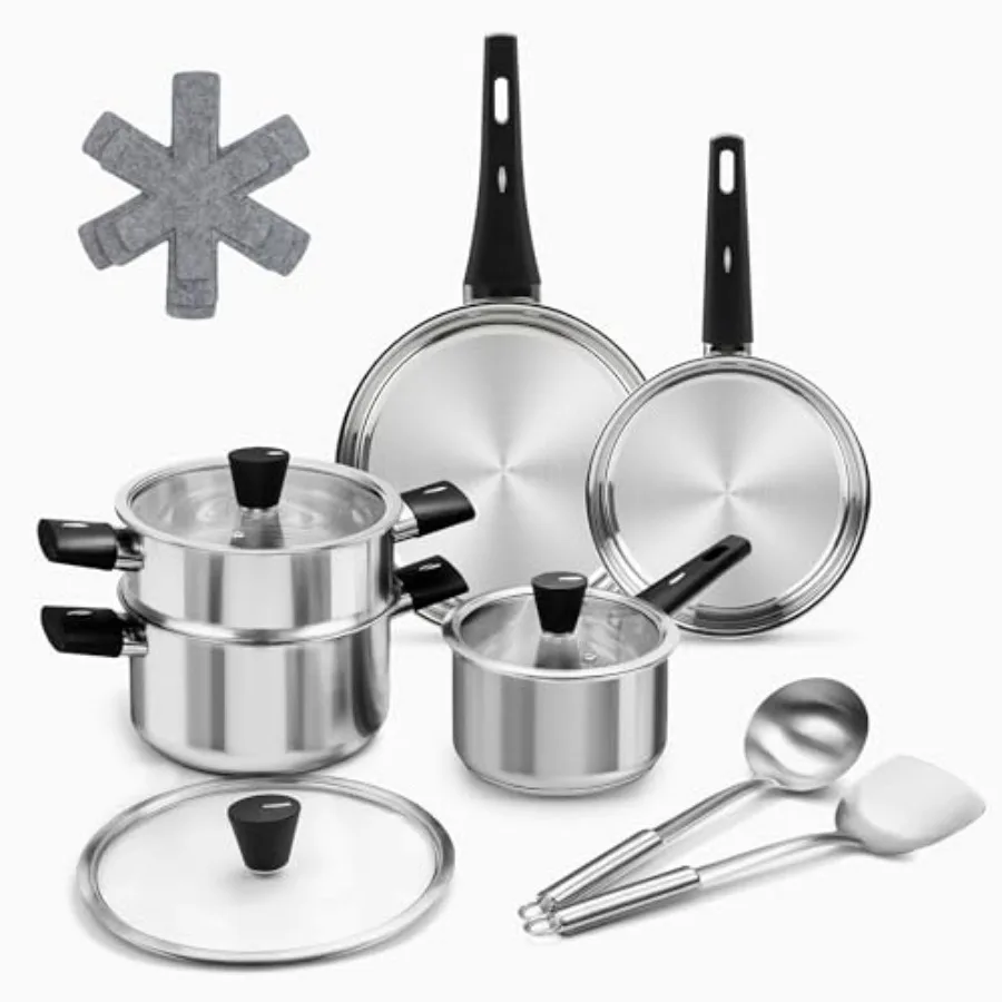 14Pcs Kitchen Pots and Pans Set Stainless Steel Cookware Set Non Toxic Induction Cooking Pot and Pan Set with Stay-Cool Handles
14Pcs Kitchen Pots and Pans Set Stainless Steel Cookware Set Non Toxic Induction Cooking Pot and Pan Set with Stay-Cool Handles