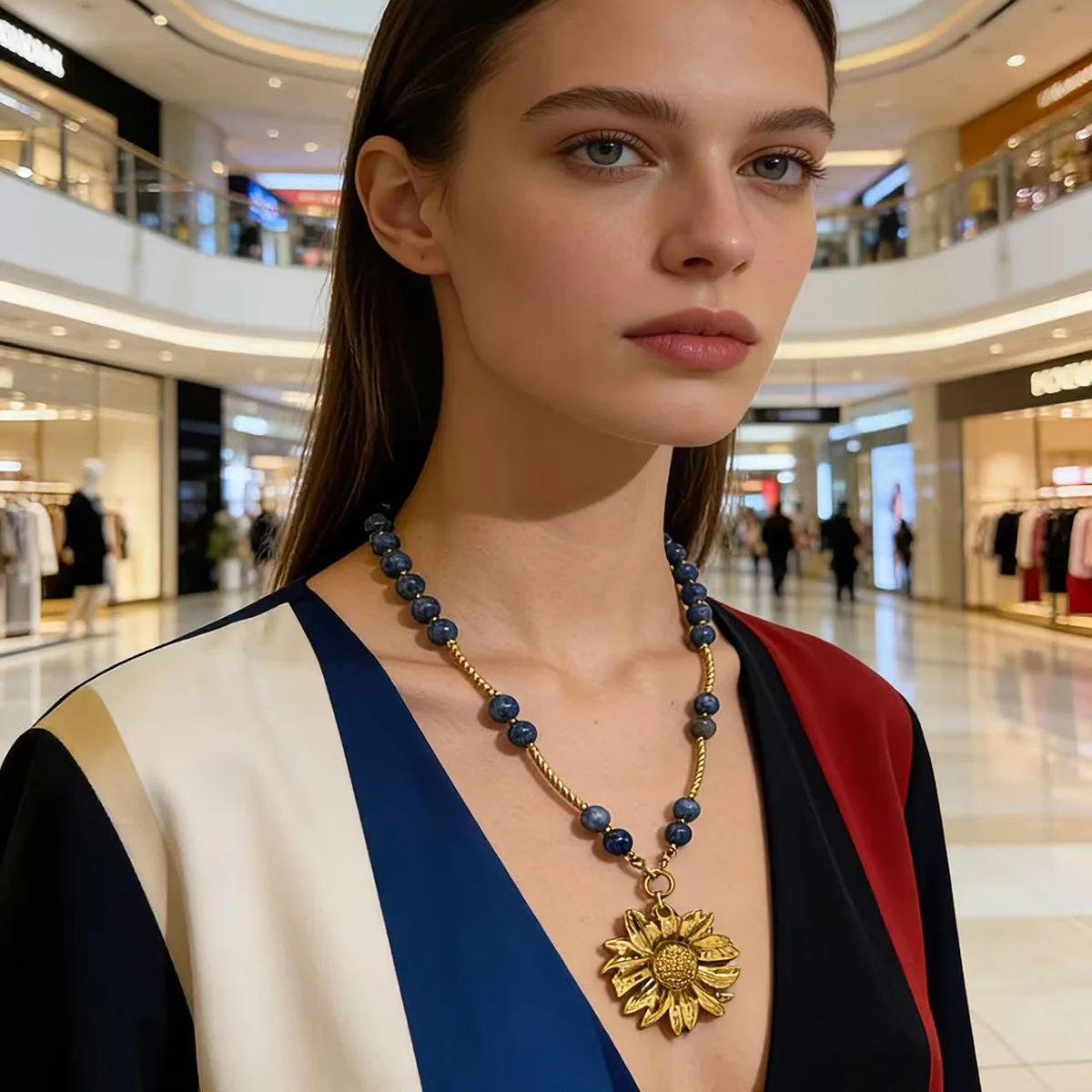 Designer Vintage Golden Sunflower Pendant Necklace for Women Elegant Nature Stone Beads Chain Choker Sweater Chains Jewelry
Designer Vintage Golden Sunflower Pendant Necklace for Women Elegant Nature Stone Beads Chain Choker Sweater Chains Jewelry