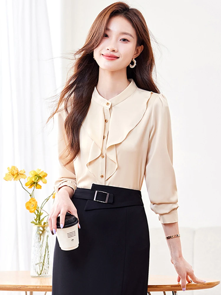 Chic Pear Color Shirt Women's Autumn Fashion Design Sensation Commute Style Gauze Blouse Sleeve Long round Collar Color
Chic Pear Color Shirt Women's Autumn Fashion Design Sensation Commute Style Gauze Blouse Sleeve Long round Collar Color