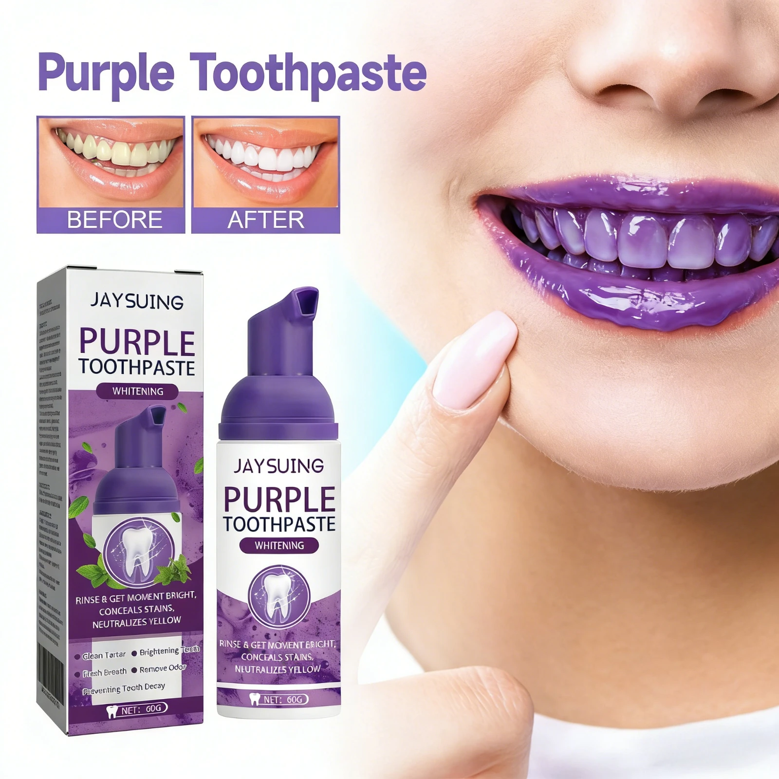 Фиолетовая зубная паста для отбеливания и осветления зубов, сыворотка для глубокой очистки, свежее дыхание, уход за полостью рта
Фиолетовая зубная паста для отбеливания и осветления зубов, сыворотка для глубокой очистки, свежее дыхание, уход за полостью рта