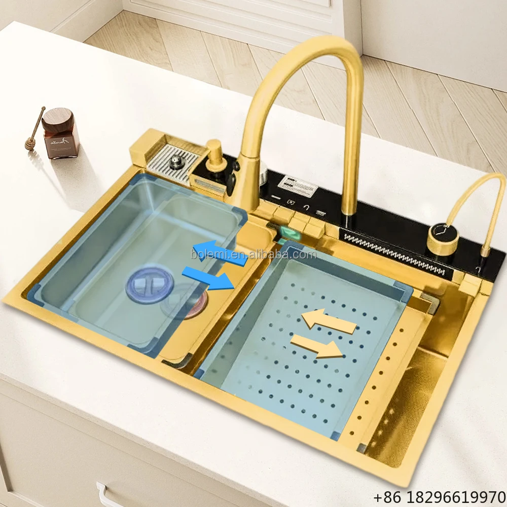 Multi-Functional Big Single Bowl Kitchen Sink Golden SUS304 Waterfall Design Digital Display Counter Modern Kitchen Sink
Multi-Functional Big Single Bowl Kitchen Sink Golden SUS304 Waterfall Design Digital Display Counter Modern Kitchen Sink