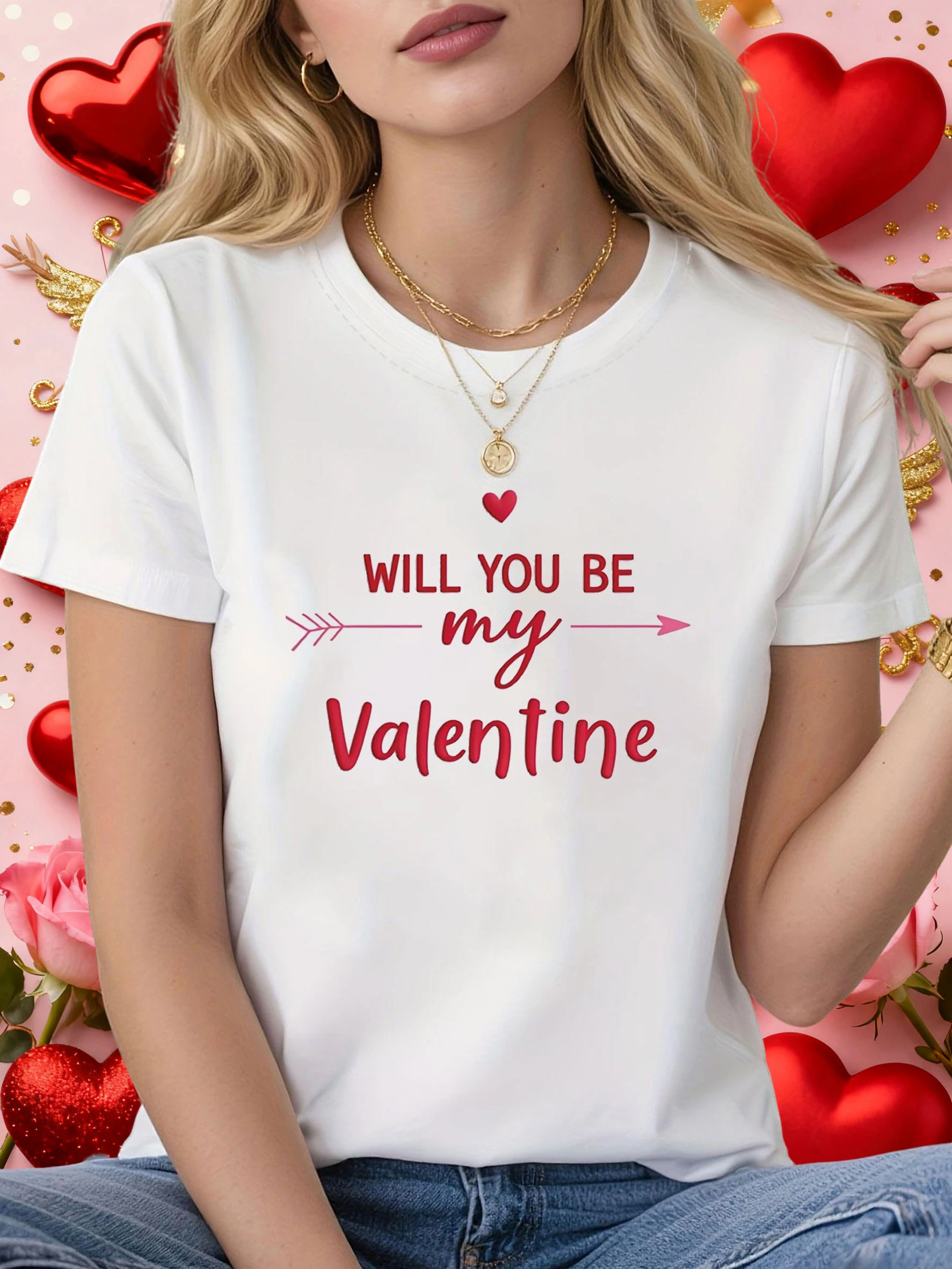 Valentine's Day Women's Short Sleeve T-shirt WILL YOU BE My Valentine Letter Print Crew Neck Casual Top for Summer & Spring
Valentine's Day Women's Short Sleeve T-shirt WILL YOU BE My Valentine Letter Print Crew Neck Casual Top for Summer & Spring