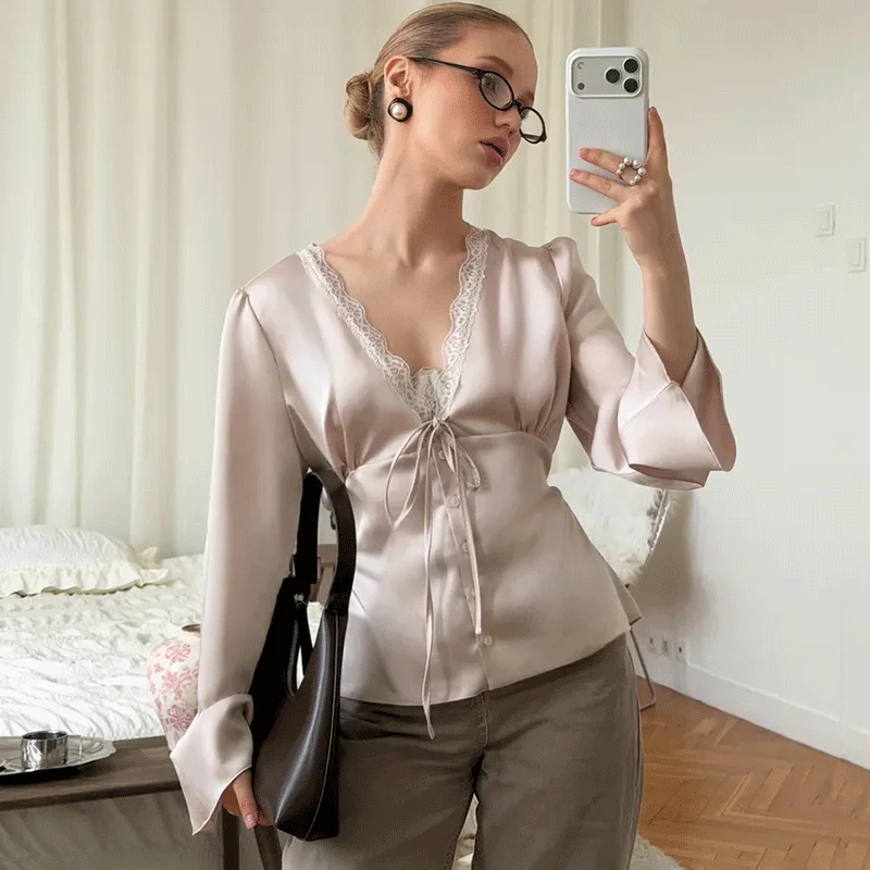 Ticketsx Women's Elegant Lace Tops Fashion Satin Button Lace Up Patchwork Long Sleeve Tops Vintage Vacation Commute Female Tops
Ticketsx Women's Elegant Lace Tops Fashion Satin Button Lace Up Patchwork Long Sleeve Tops Vintage Vacation Commute Female Tops