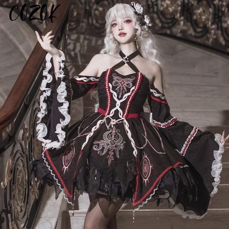 Gothic Lolita Dress Cold Shoulder Long Sleeve Ethnic Halter Neck Dresses Dark Gothic Dress
Gothic Lolita Dress Cold Shoulder Long Sleeve Ethnic Halter Neck Dresses Dark Gothic Dress