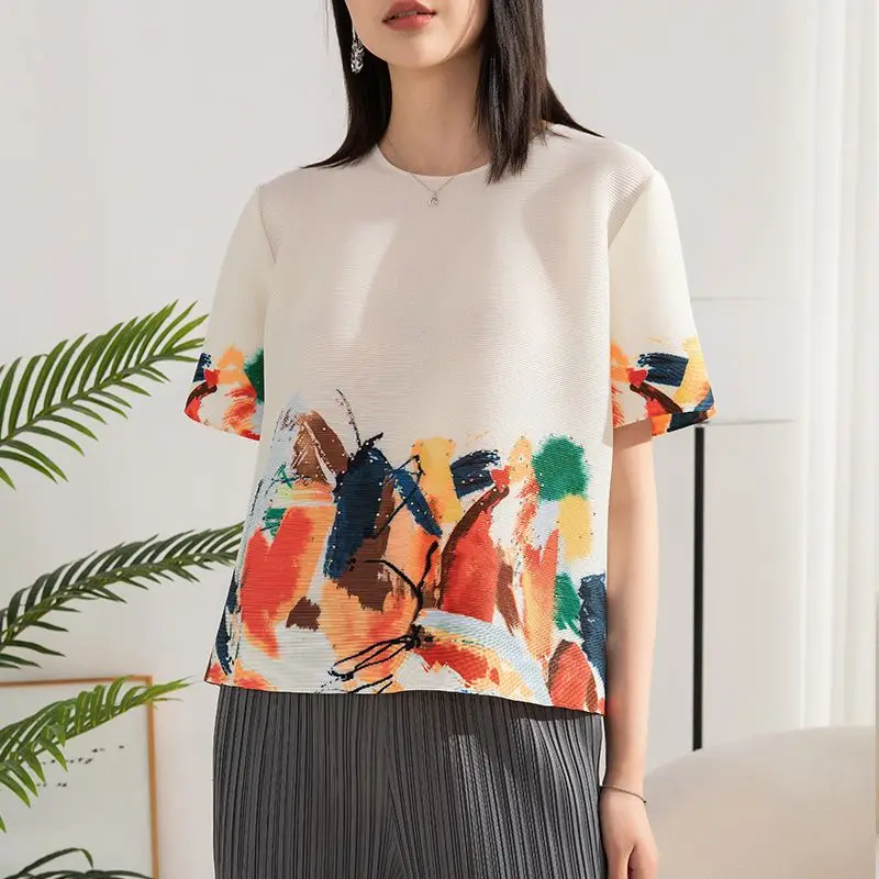Graffiti printed short sleeved pleated summer round neck t shirt top for women commuting loose pleated T-shirt female tops
Graffiti printed short sleeved pleated summer round neck t shirt top for women commuting loose pleated T-shirt female tops