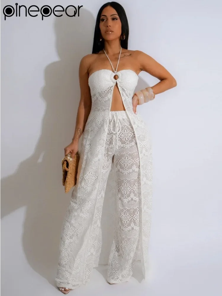 PinePear White Lace Sexy Two Piece Sets Womens Strapless Halter Super Long Tops and Wide Leg Pants Elegant Party Outfits 2025
PinePear White Lace Sexy Two Piece Sets Womens Strapless Halter Super Long Tops and Wide Leg Pants Elegant Party Outfits 2025