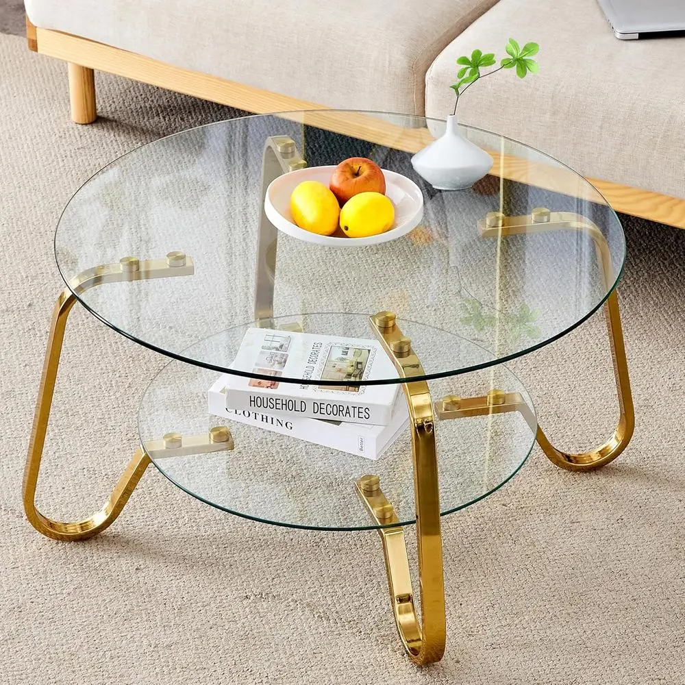 31.5" Gold Round Glass Coee Table ern Living Room Table 2-Layer Soa Center Table or Small Space Aparent, Transparent Top and Ind
31.5" Gold Round Glass Coee Table ern Living Room Table 2-Layer Soa Center Table or Small Space Aparent, Transparent Top and Ind