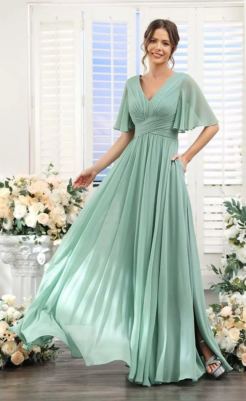 V-Neck Flutter Sleeve Bridesmaid Dress with Pockets A-Line Long Chiffon Formal Party Dresses with Slit
V-Neck Flutter Sleeve Bridesmaid Dress with Pockets A-Line Long Chiffon Formal Party Dresses with Slit