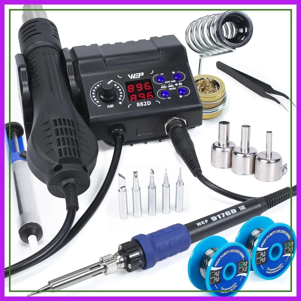 2-in-1 Soldering Station with Hot Air Rework, 5 Tips, 3 Nozzles, Solder Wire & Accessories
2-in-1 Soldering Station with Hot Air Rework, 5 Tips, 3 Nozzles, Solder Wire & Accessories