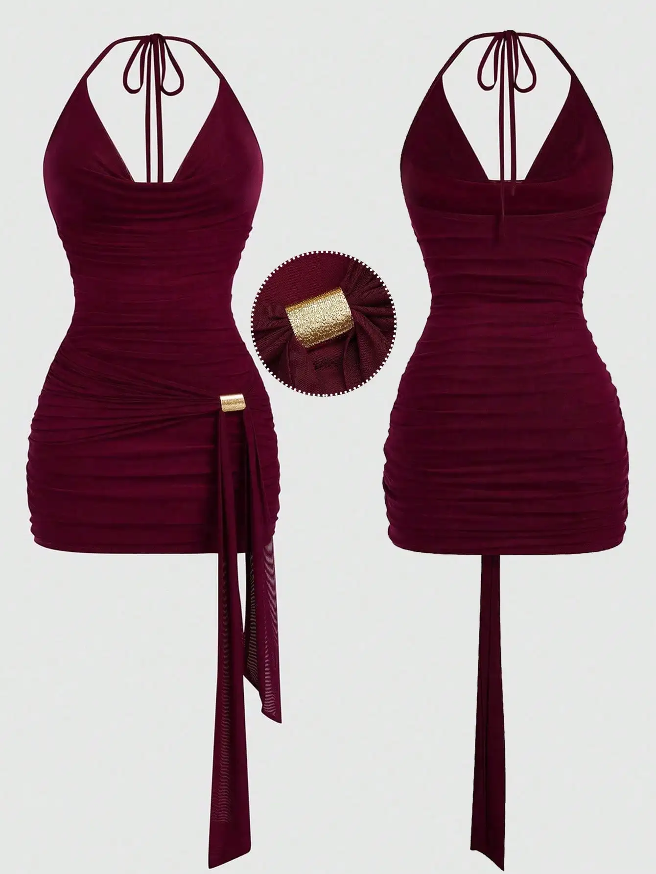 Бордовое мини-платье с вырезом халтер, драпировкой и золотой металлической пряжкой
Бордовое мини-платье с вырезом халтер, драпировкой и золотой металлической пряжкой