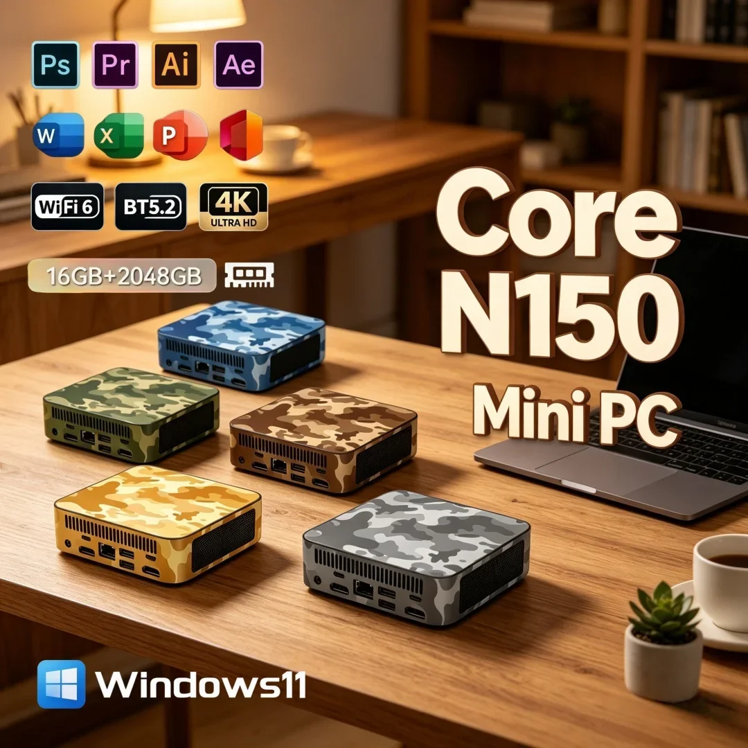 Trendy Camouflage Mini PC Intel Core N150 Pocket Desktop Windows11 16GB RAM 1/2TB SSD WIFI6 BT5.2 4K Office Computer
Trendy Camouflage Mini PC Intel Core N150 Pocket Desktop Windows11 16GB RAM 1/2TB SSD WIFI6 BT5.2 4K Office Computer