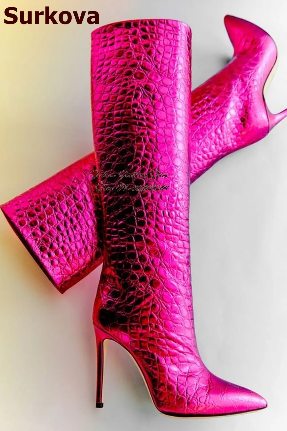 Surkova Fuchsia Pink Metallic Crocodile Tall Boots Oval Cobblestone Pattern Knee Boots Stiletto Heel Pointed Toe Banquet Shoes
Surkova Fuchsia Pink Metallic Crocodile Tall Boots Oval Cobblestone Pattern Knee Boots Stiletto Heel Pointed Toe Banquet Shoes