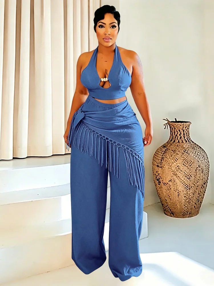 Wmstar Women Two Piece Sets Wholesale Neck Wrap Top with Fringes Spliced Woven Straight Leg Pants Set for Women's Clothing
Wmstar Women Two Piece Sets Wholesale Neck Wrap Top with Fringes Spliced Woven Straight Leg Pants Set for Women's Clothing