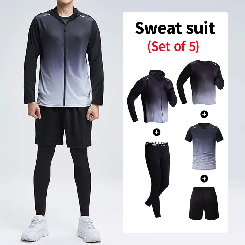 5-Piece Men's Quick-drying Sports Suit Fitness Running Tight Elastic Trousers With Cap Gradient Coat Round Neck Casual T-shirt
5-Piece Men's Quick-drying Sports Suit Fitness Running Tight Elastic Trousers With Cap Gradient Coat Round Neck Casual T-shirt