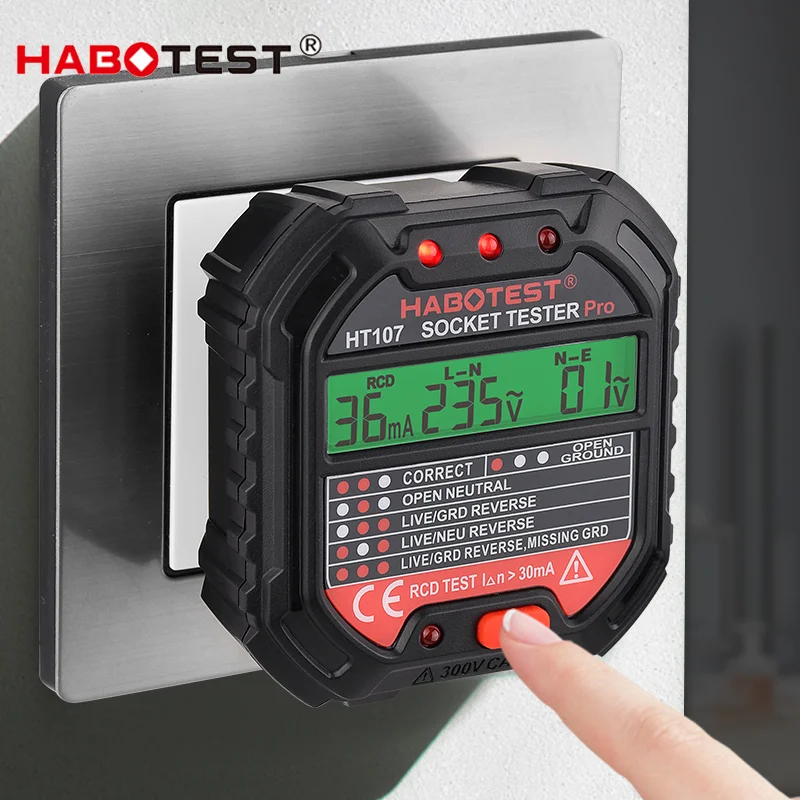 HT107 Outlet Socket Tester Digital Plug AC Voltage Detect 30mA RCD Test Polarity Phase Check Circuit Checker Bicolor Backlight
HT107 Outlet Socket Tester Digital Plug AC Voltage Detect 30mA RCD Test Polarity Phase Check Circuit Checker Bicolor Backlight