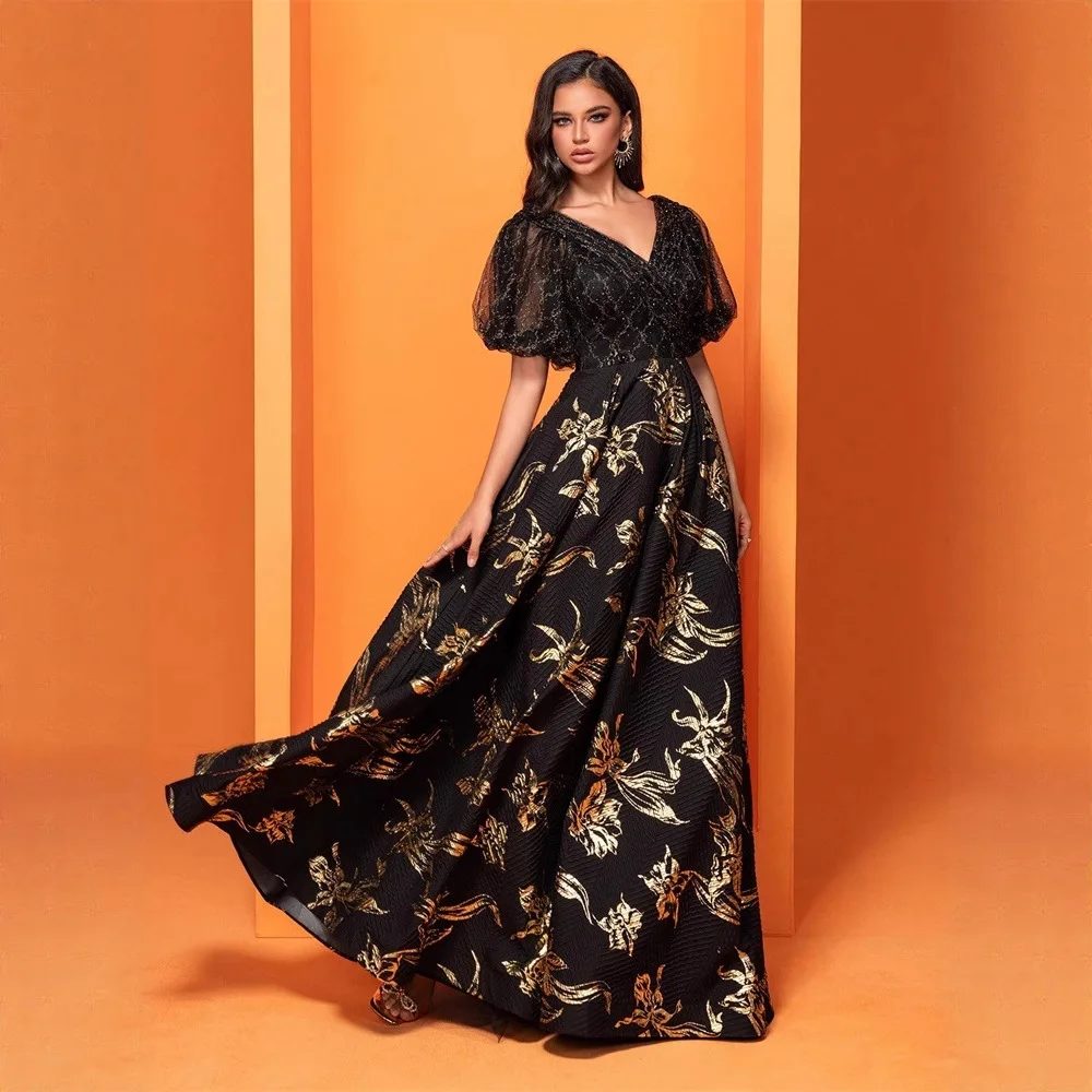 Black Gold Floral Jacquard Maxi Dress V Neck Puff Sheer Tulle Short Sleeve Flowy A Line Wedding Guest Evening Gown
Black Gold Floral Jacquard Maxi Dress V Neck Puff Sheer Tulle Short Sleeve Flowy A Line Wedding Guest Evening Gown