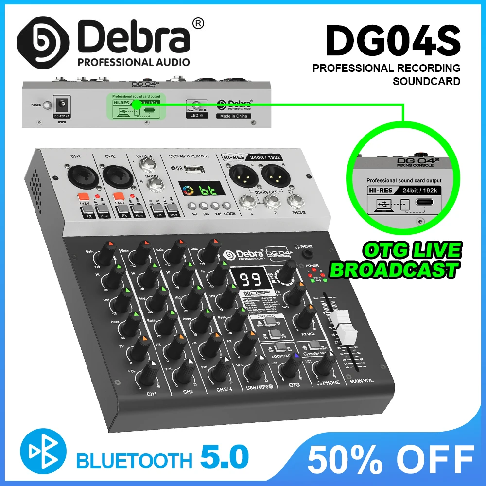 Профессиональная звуковая карта Debra DG04S с цифровым ревербератором, Bluetooth 5.0, OTG, питанием 48В для прямых трансляций
Профессиональная звуковая карта Debra DG04S с цифровым ревербератором, Bluetooth 5.0, OTG, питанием 48В для прямых трансляций