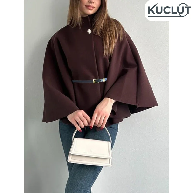 Elegant Women's Cape Coat with Belt Loose Solid Stand Collar Button Long Sleeve Lady Cloak Autumn Fashion Lady Coats
Elegant Women's Cape Coat with Belt Loose Solid Stand Collar Button Long Sleeve Lady Cloak Autumn Fashion Lady Coats