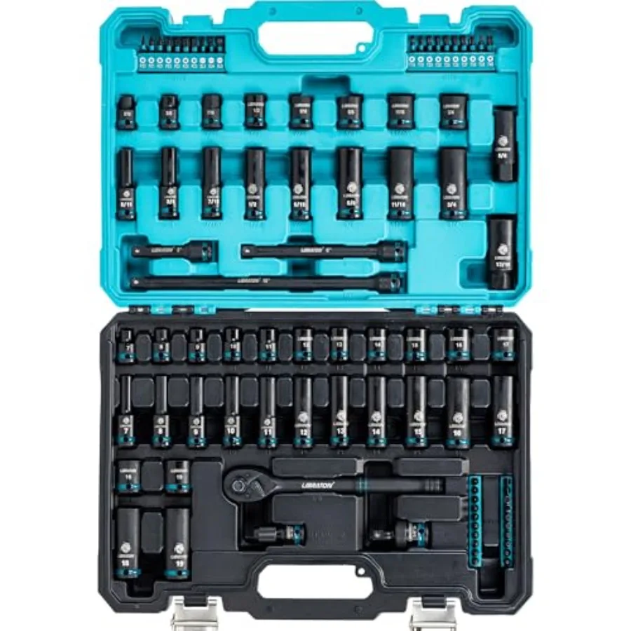 3/8 Socket Set 90PCS, SAE 5/16-3/4" and Metric(7-19MM) Impact Socket Set, Cr-V Impact Driver Socket, DeepandShallow, Extension
3/8 Socket Set 90PCS, SAE 5/16-3/4" and Metric(7-19MM) Impact Socket Set, Cr-V Impact Driver Socket, DeepandShallow, Extension