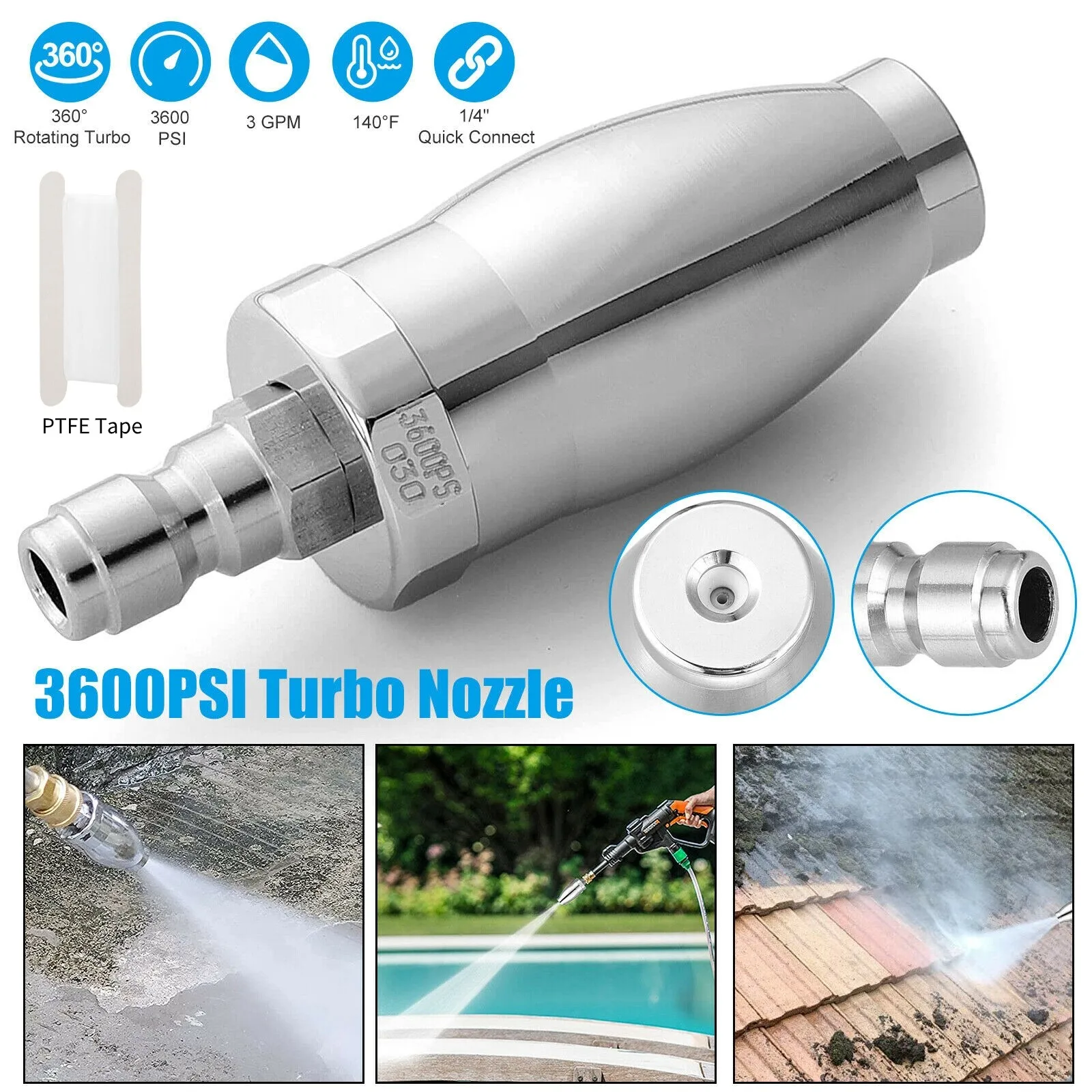 High Pressure Washer 3600PSI Rotating Turbo Nozzle Spray Tip 3.0 GPM 1/4'' Quick
High Pressure Washer 3600PSI Rotating Turbo Nozzle Spray Tip 3.0 GPM 1/4'' Quick