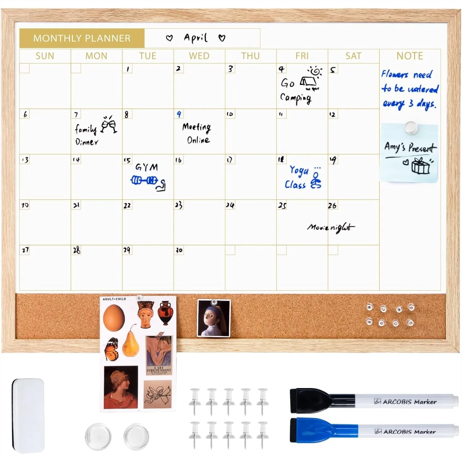 Dry Erase Calendar Whiteboard with Cork Board, 24x18 Wood Frame Monthly Planner for Wall, Magnetic Combination Board for Home
Dry Erase Calendar Whiteboard with Cork Board, 24x18 Wood Frame Monthly Planner for Wall, Magnetic Combination Board for Home