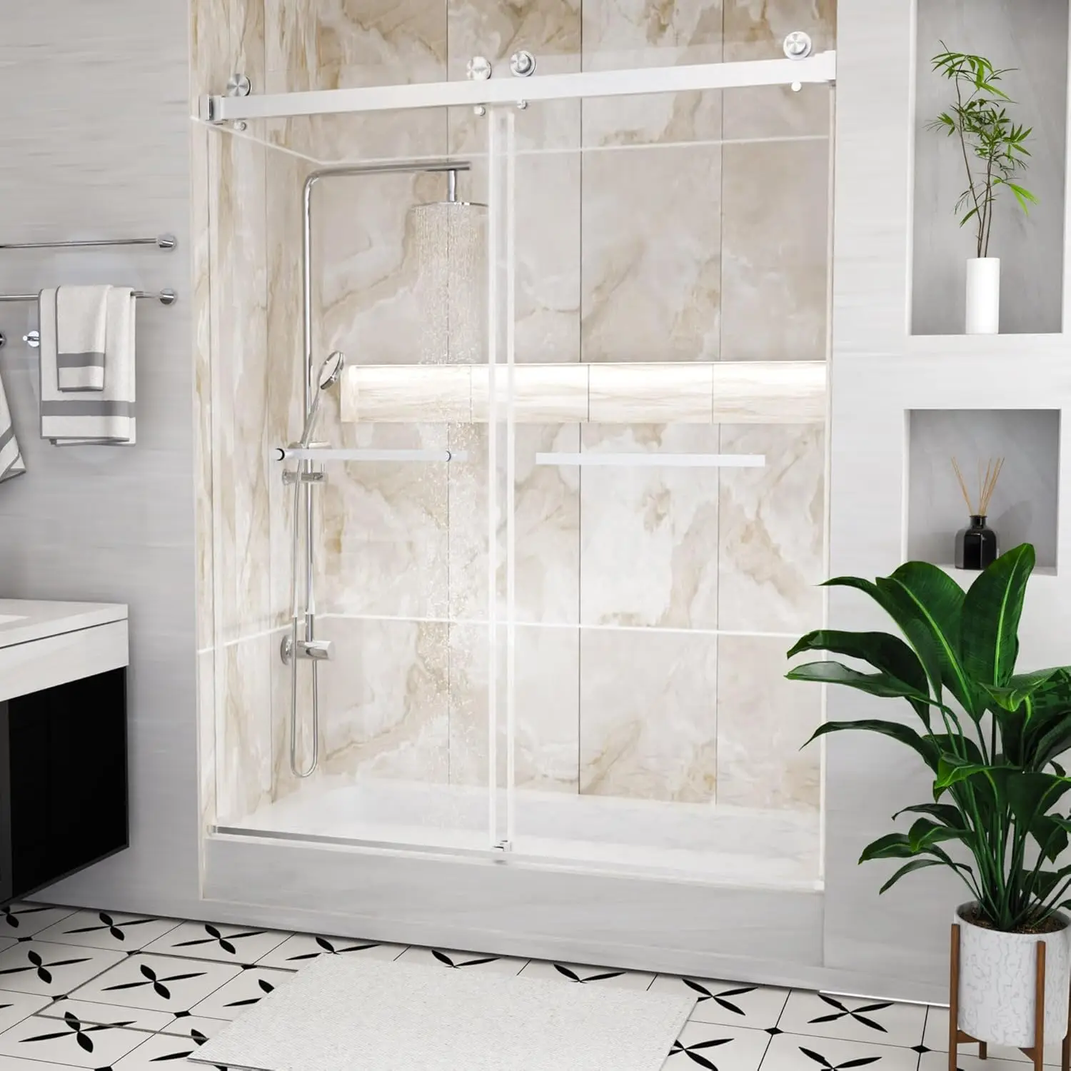 56-60" W x 74" H Frameless Sliding Shower Door, 1/4" SGCC Clear Tempered Glass Shower Door, 2.36" Rollers,, Customized
56-60" W x 74" H Frameless Sliding Shower Door, 1/4" SGCC Clear Tempered Glass Shower Door, 2.36" Rollers,, Customized