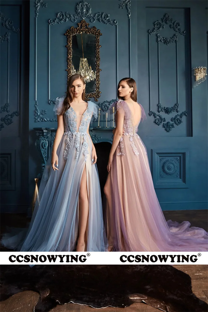 Long Tulle Appliques High Slit Prom Dresses Double V Neck Sleeveless Formal Evening Dress Robe De Soiree
Long Tulle Appliques High Slit Prom Dresses Double V Neck Sleeveless Formal Evening Dress Robe De Soiree
